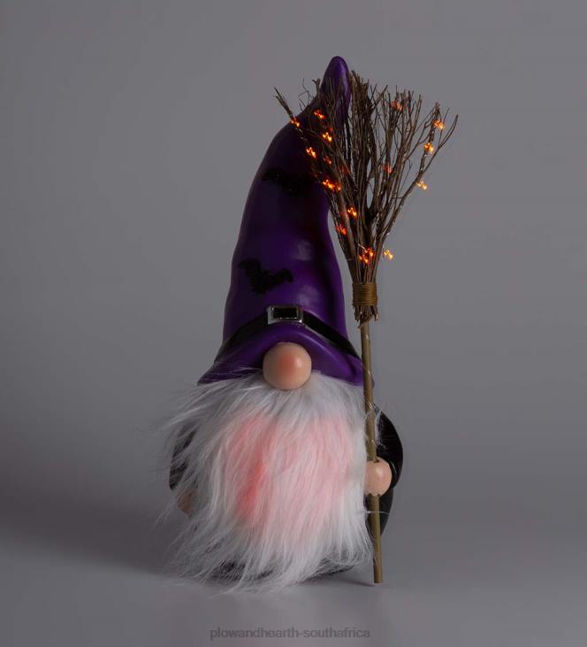 Yard & Garden Plow & Hearth Halloween Gnome with Lighted Broom and Color-Changing Beard - Purple NFLB427