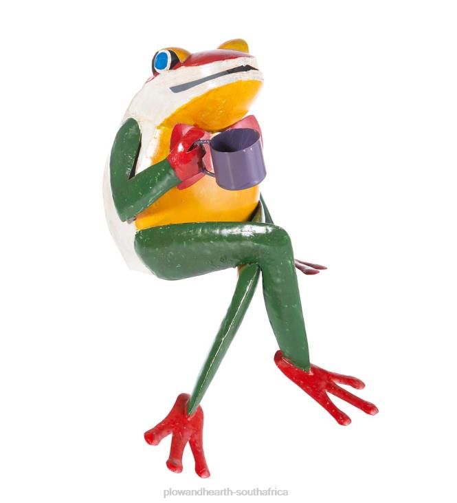 Yard & Garden Plow & Hearth Latte Larry Frog with Coffee Cup Metal Garden Statue NFLB250