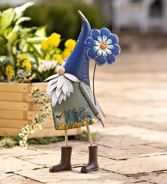 Yard & Garden Plow & Hearth Metal Blue Flower Gnome Statue NFLB290