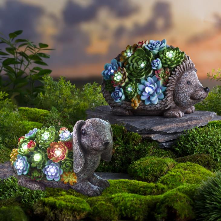 Yard & Garden Plow & Hearth Solar Lighted Succulent Resin Animal Garden Statue - Hedgehog NFLB221