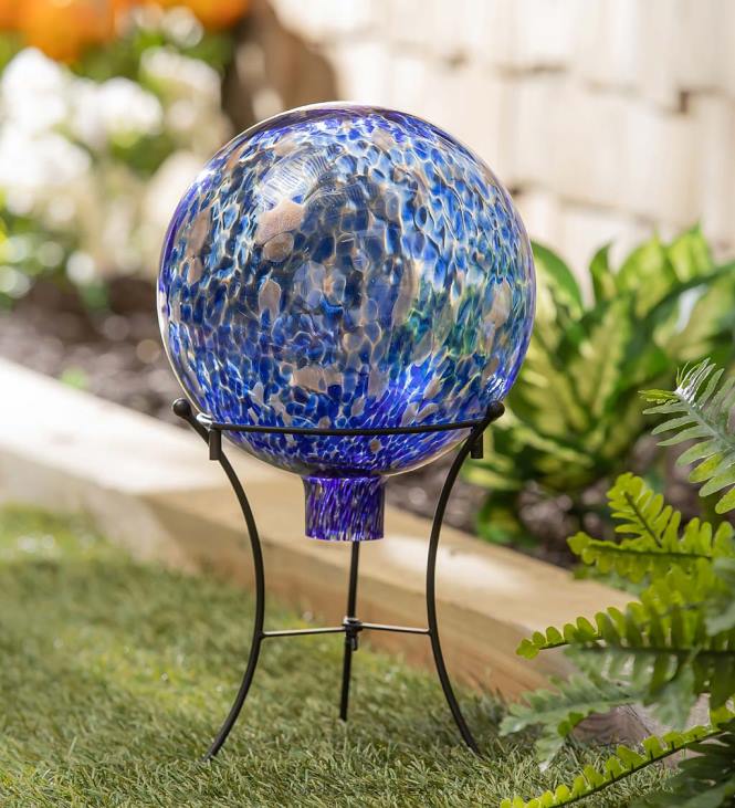 Yard & Garden Plow & Hearth Art Glass Confetti Gazing Ball with Stand - Aqua NFLB258