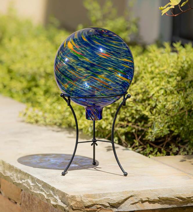 Yard & Garden Plow & Hearth Art Glass Swirled Gazing Ball with Stand - Royal Blue NFLB313