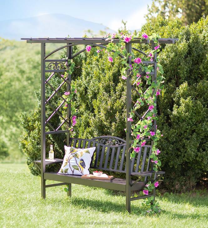 Yard & Garden Plow & Hearth Cast Aluminum Arbor Bench Pergola with Side Tables - Black NFLB496