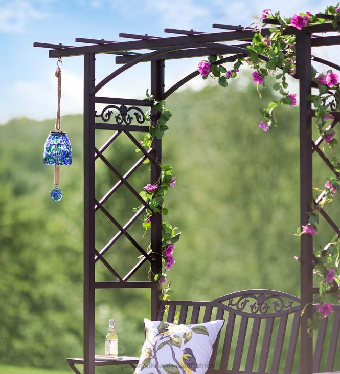 Yard & Garden Plow & Hearth Cast Aluminum Arbor Bench Pergola with Side Tables - Black NFLB496