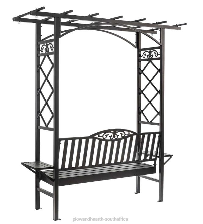 Yard & Garden Plow & Hearth Cast Aluminum Arbor Bench Pergola with Side Tables - Black NFLB496
