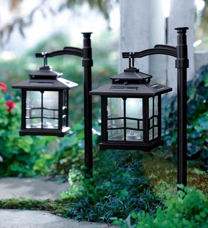 Yard & Garden Plow & Hearth 3-in-1 Solar Lanterns with Shepherd's Hook/Ground Stake, Set of 2 - Bronze NFLB456