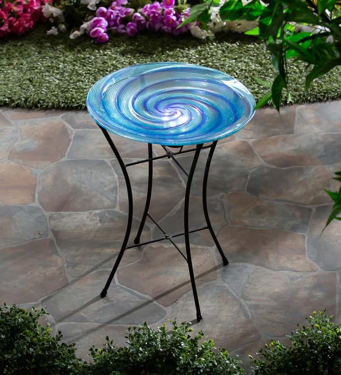 Yard & Garden Plow & Hearth Blue Swirl Glass Bird Bath with Solar Stand NFLB477