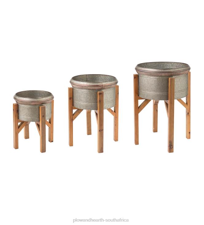 Yard & Garden Plow & Hearth Galvanized Planters with Wooden Stands, Set of 3 NFLB923