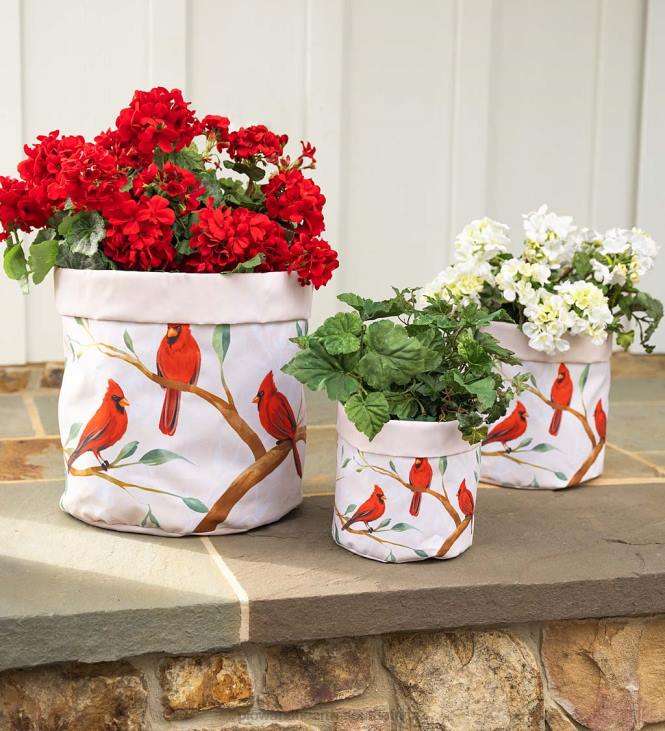 Yard & Garden Plow & Hearth Lined Canvas Planters with Bird Designs, Set of 3 - Red Cardinal NFLB947