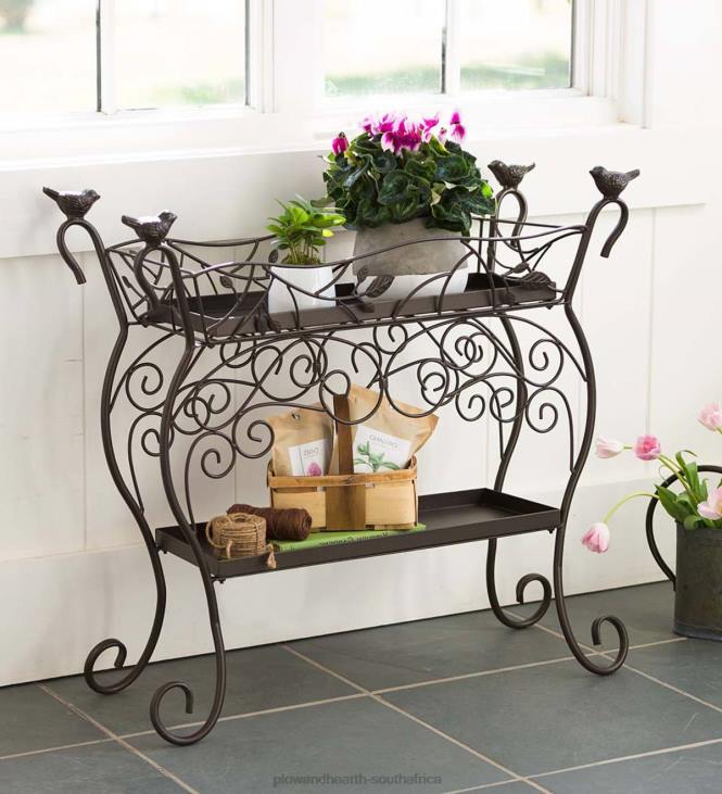 Yard & Garden Plow & Hearth Two-Shelf Cast Iron Plant Stand with Birds NFLB911