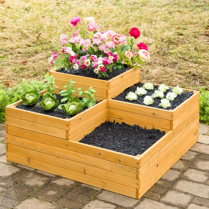 Yard & Garden Plow & Hearth Wooden Four-Cube Self-Contained Raised Bed Garden Planter NFLB909