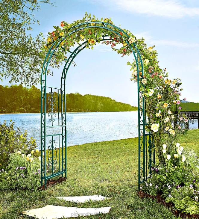 Yard & Garden Plow & Hearth Colored Montebello Scrollwork Metal Garden Arbor - Coastal Blue NFLB660