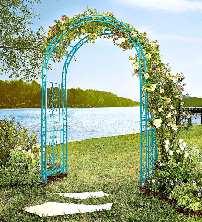Yard & Garden Plow & Hearth Colored Montebello Scrollwork Metal Garden Arbor - Coastal Blue NFLB660
