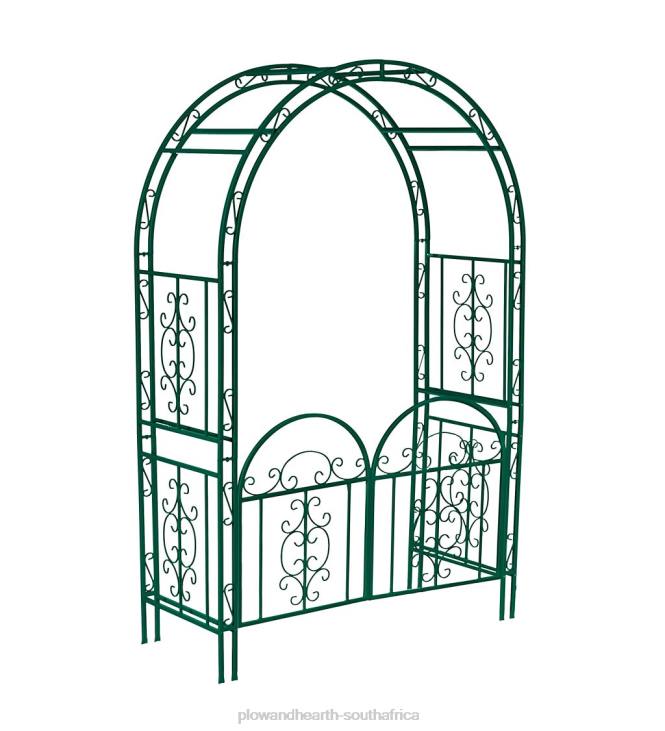 Yard & Garden Plow & Hearth Colored Montebello Scrollwork Metal Garden Arbor with Gate - Green NFLB663
