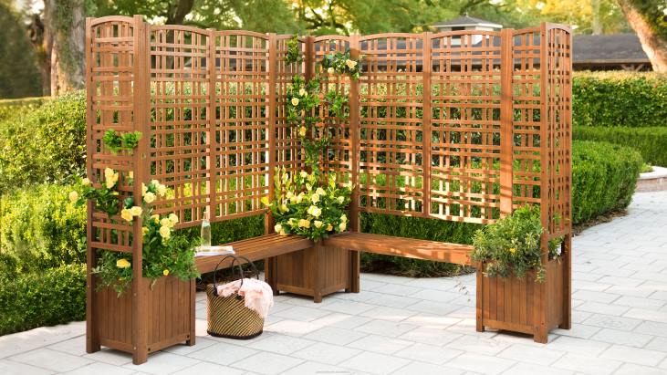 Yard & Garden Plow & Hearth Outdoor Eucalyptus Configurable Privacy Screen Trellises, Planter/Seat and Bench NFLB655