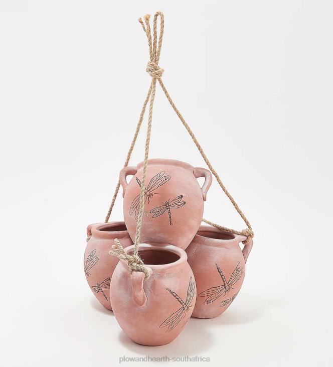 Yard & Garden Plow & Hearth Hanging Vintage Four-Pot Planter - Terra Cotta Dragonflies NFLB1002